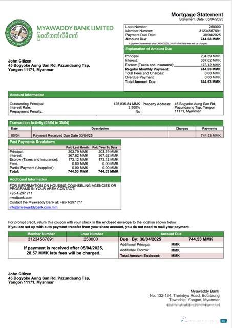 Download Myanmar Myawaddy Bank mortgage statement Word and PDF template Photoshop template